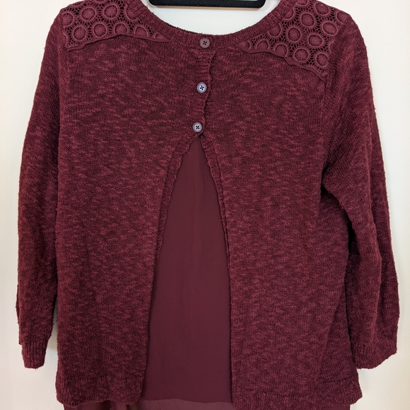 Lucky Brand Maroon Lace Crochet Layered Sweater Boho Crew Neck Medium - Picture 4 of 9